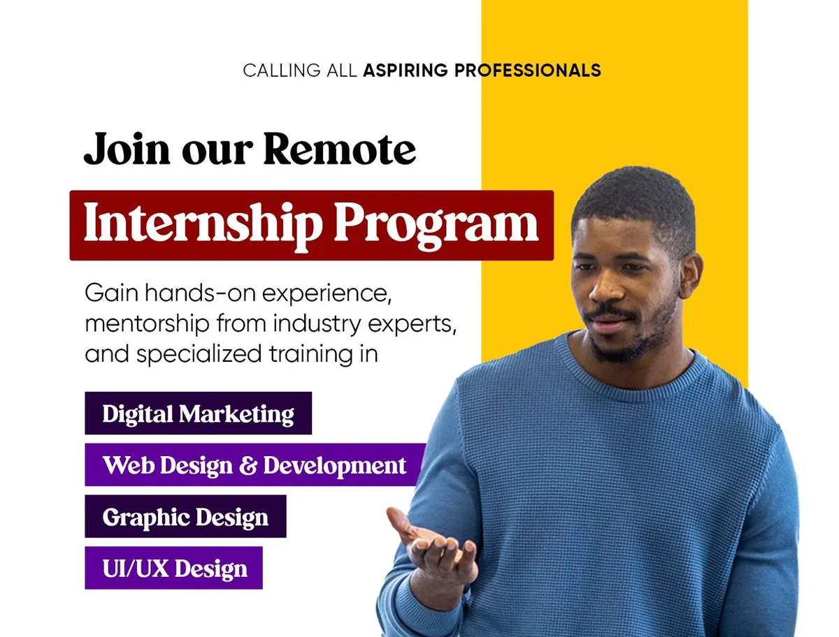The 2023 HYPE internship flyer, advertising remote training in digital marketing, web design and development, graphic design, and UI and UX design